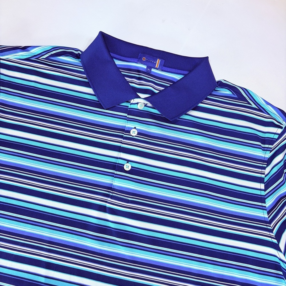 STITCH Golf Men's XL Blue Striped Performance Polo Shirt Stretch